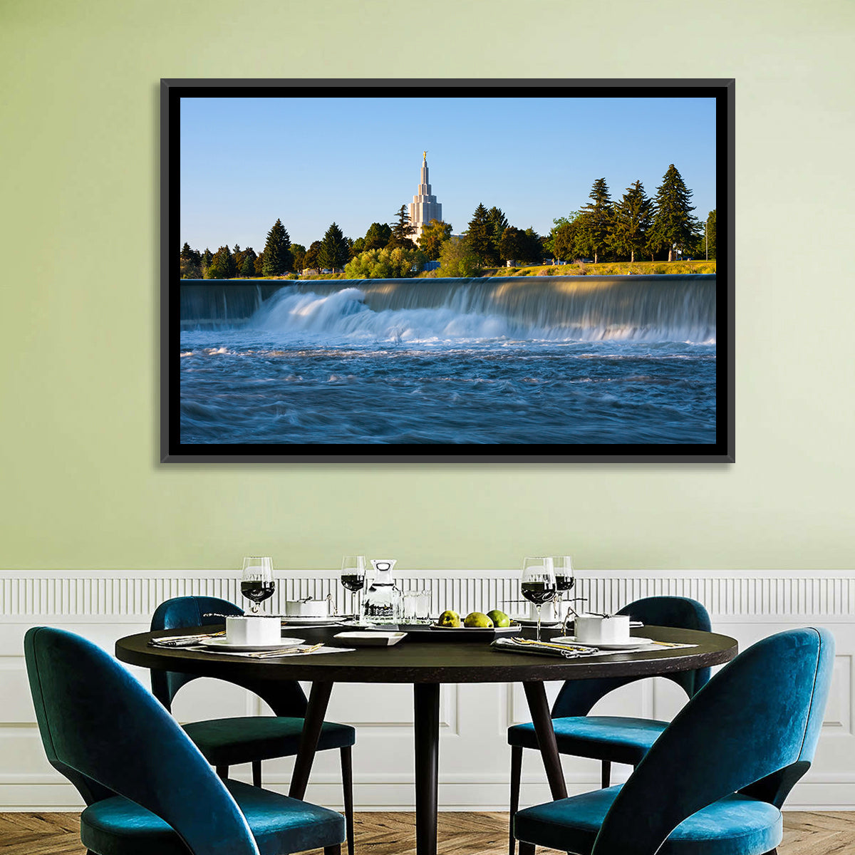 Idaho Falls Temple and Waterfall Wall Art in a room, landscape