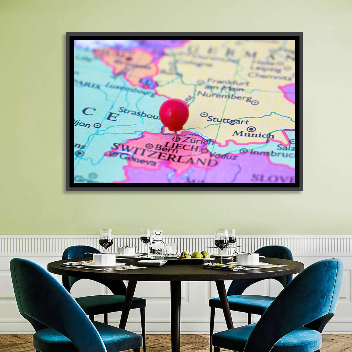 Zurich Map with Red Pin Wall Art in a room, landscape