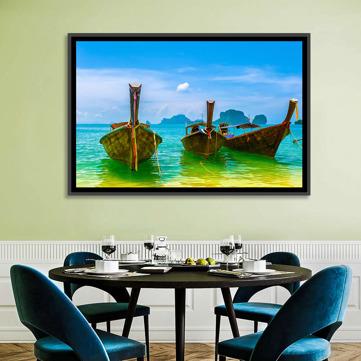 Three Long-tail Boats on Turquoise Water Wall Art in a room, landscape
