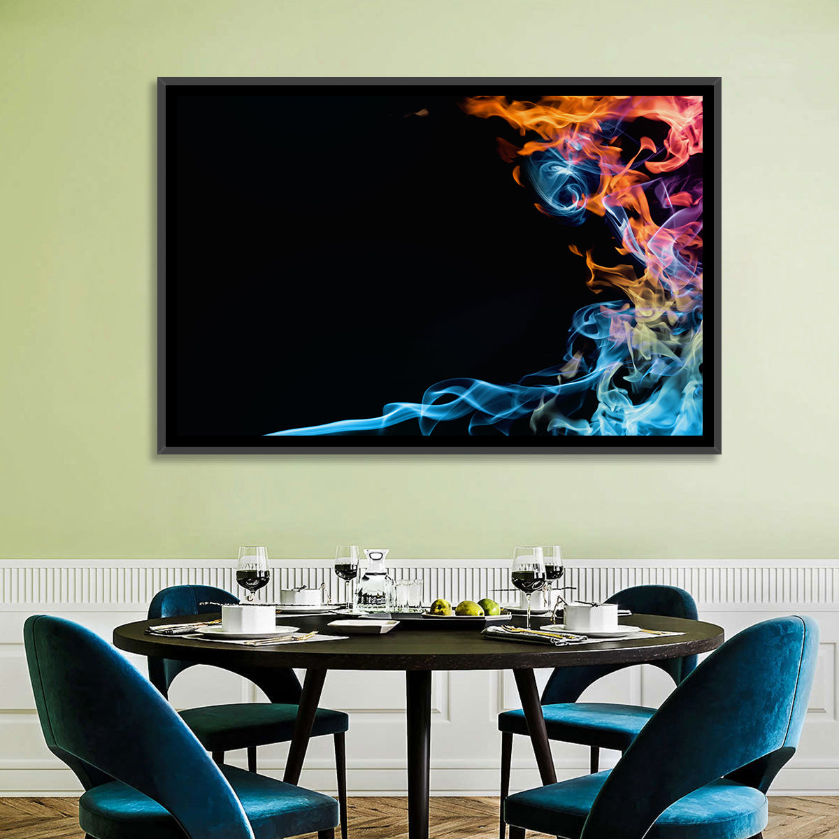 Glowing Flame Abstract Wall Art in a room, landscape