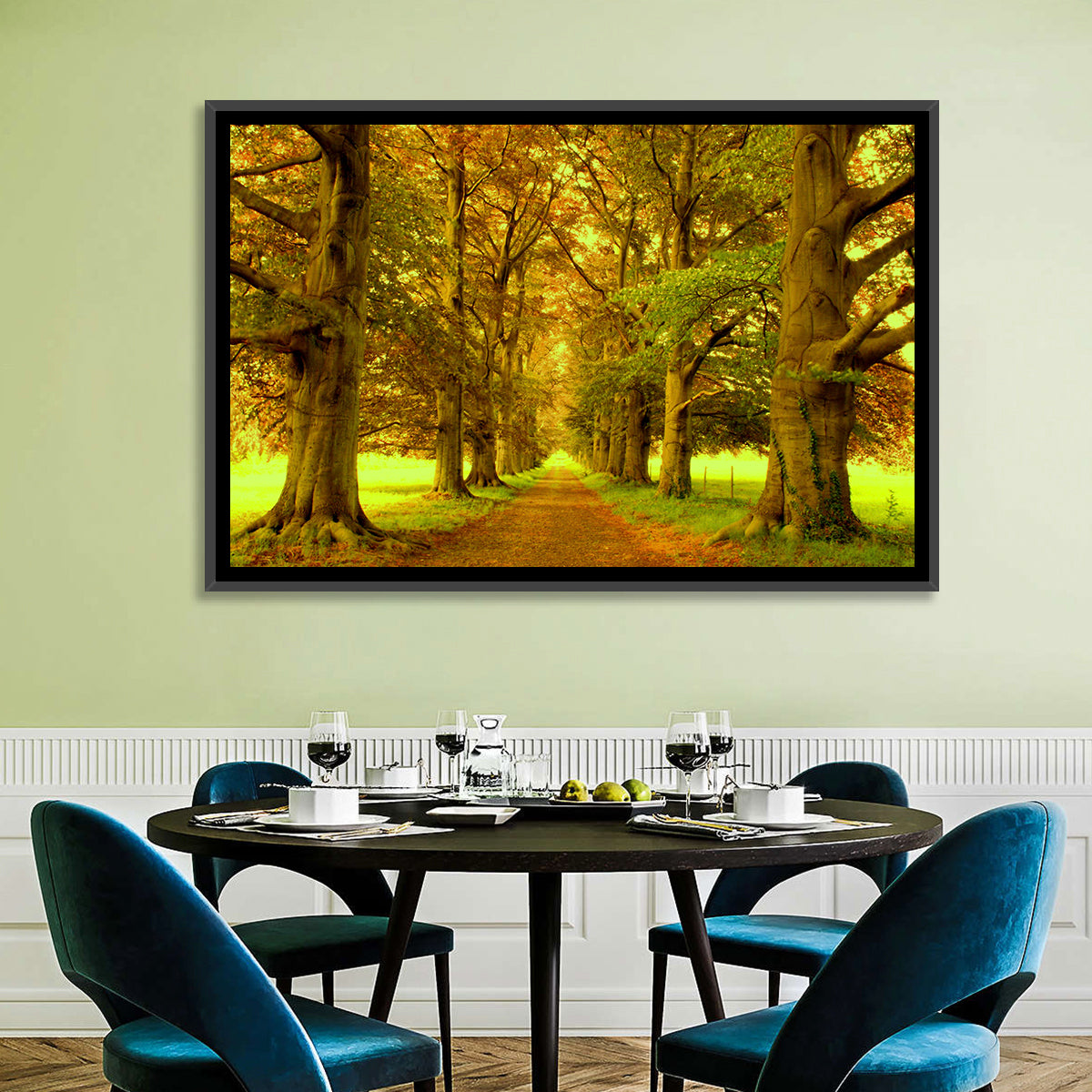Beech Tree Lane at Golden Hour Wall Art in a room, landscape