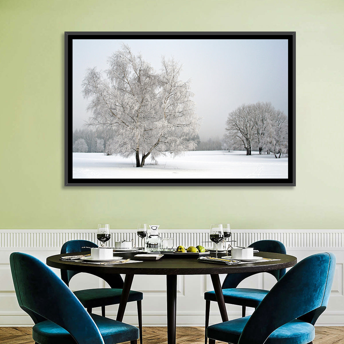 Frosted Birch Grove Wall Art in a room, landscape