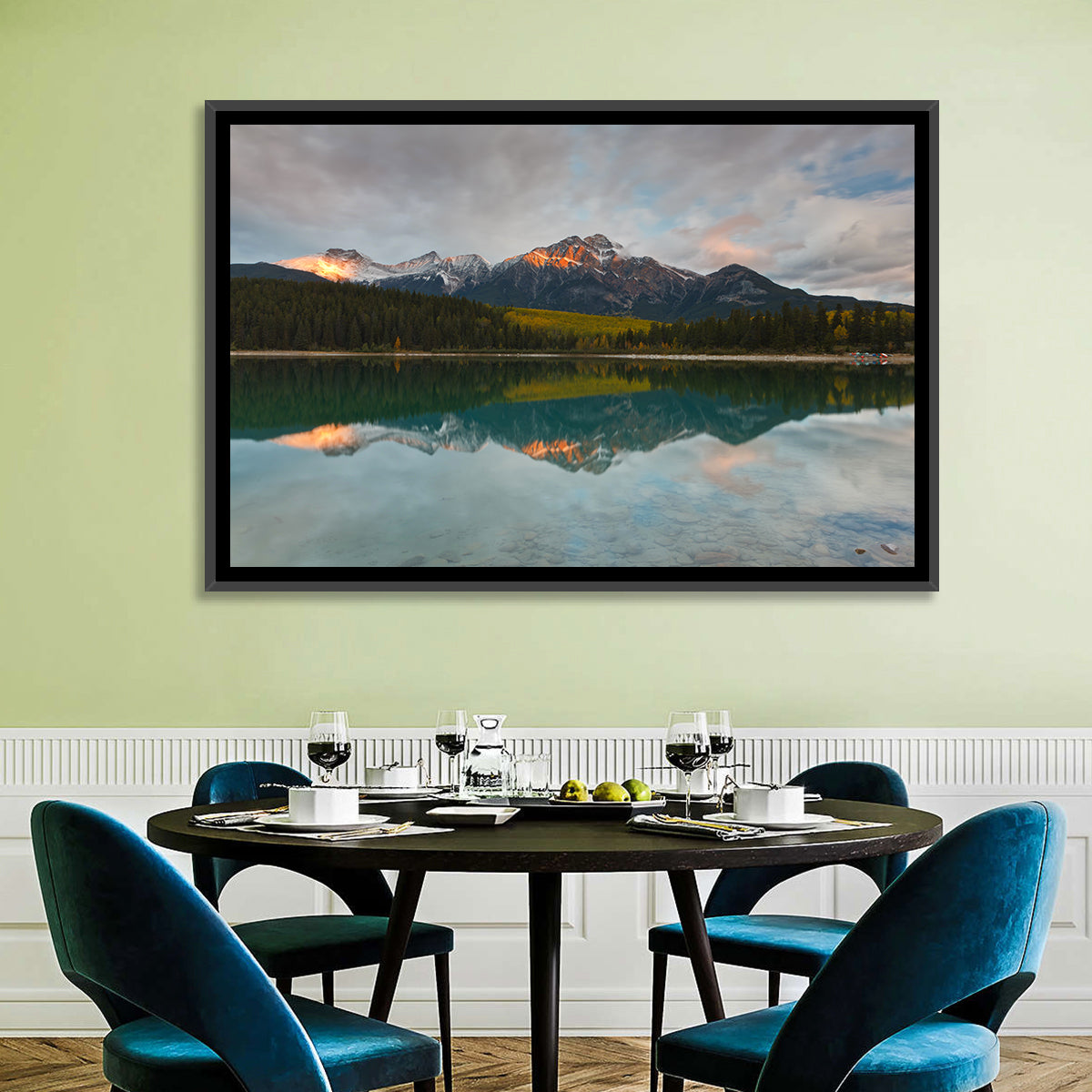 Patricia Lake Golden Hour Reflection Wall Art in a room, landscape