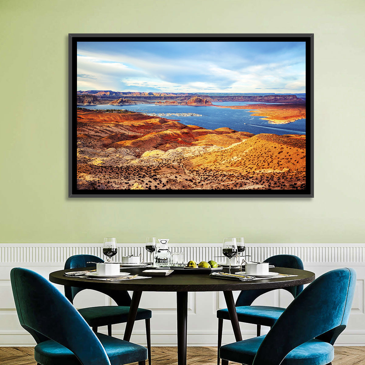 Lake Powell Marina Panorama Wall Art in a room, landscape