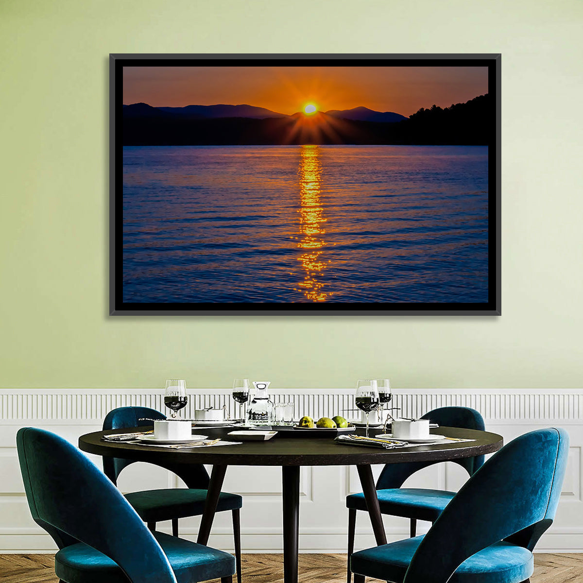 Lake Jocassee Golden Sunrise Wall Art in a room, landscape