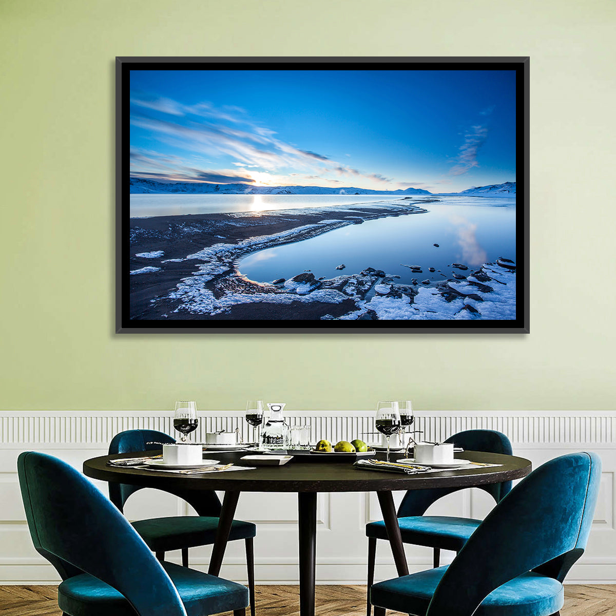 Lake Kleifarvatn Icy Shoreline Wall Art in a room, landscape