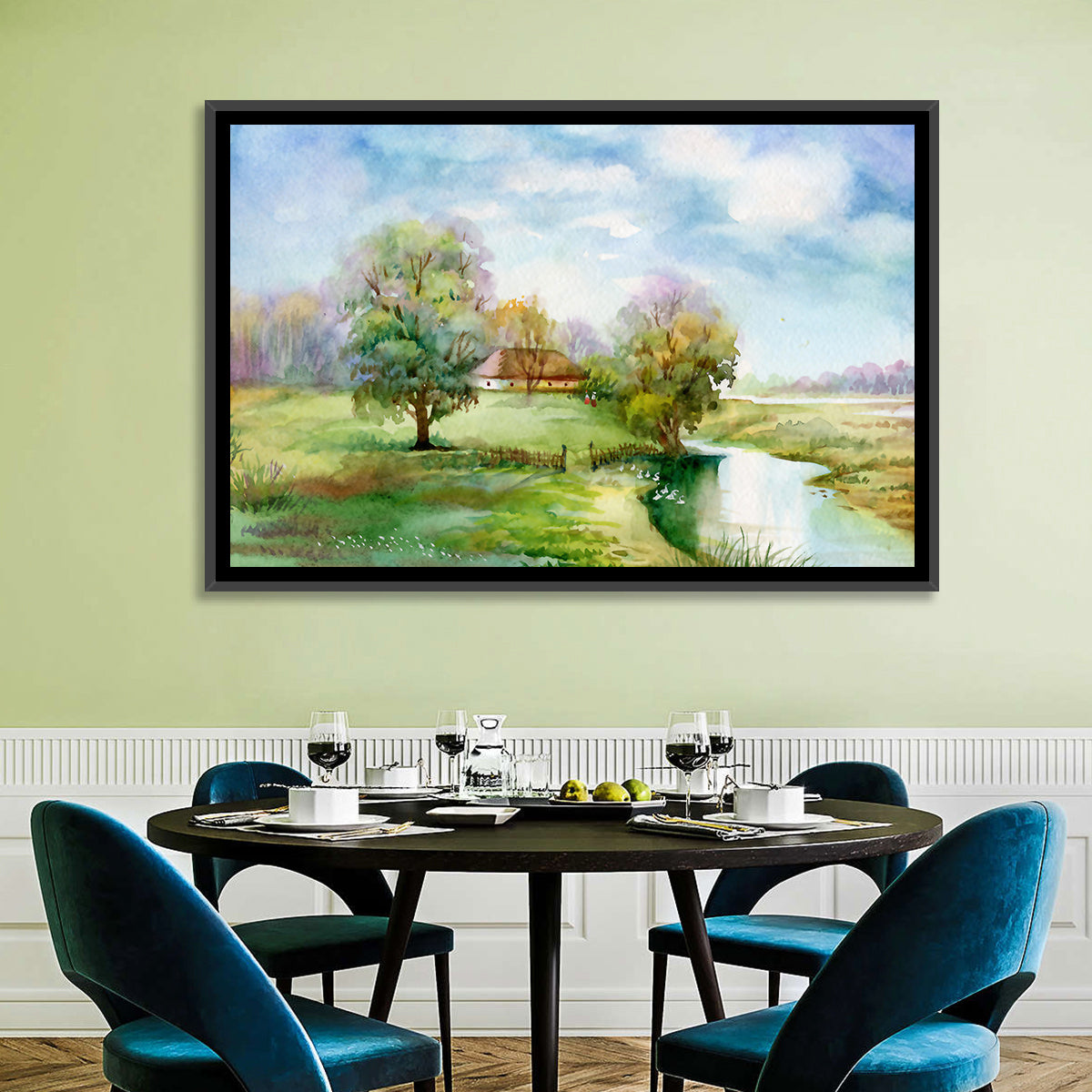 Spring Cottage by the Stream Wall Art in a room, landscape