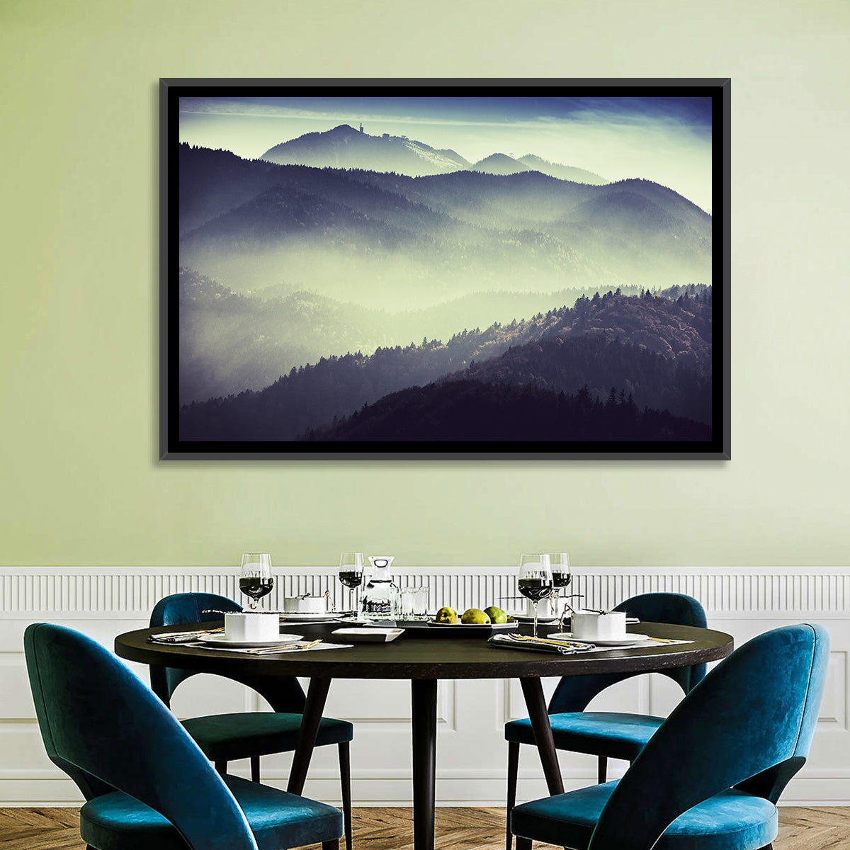 Foggy Forest Valley Wall Art in a room, landscape