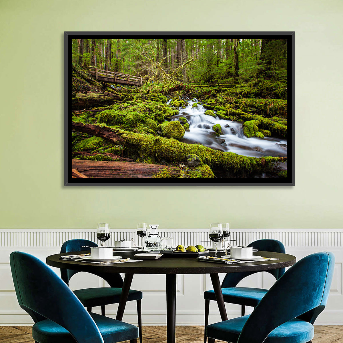 Mossy Cascade Forest Stream Wall Art in a room, landscape