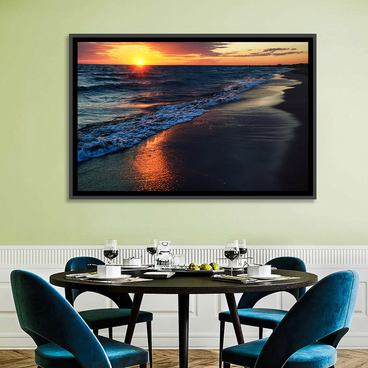 Lake Balkhash Golden Dusk Wall Art in a room, landscape