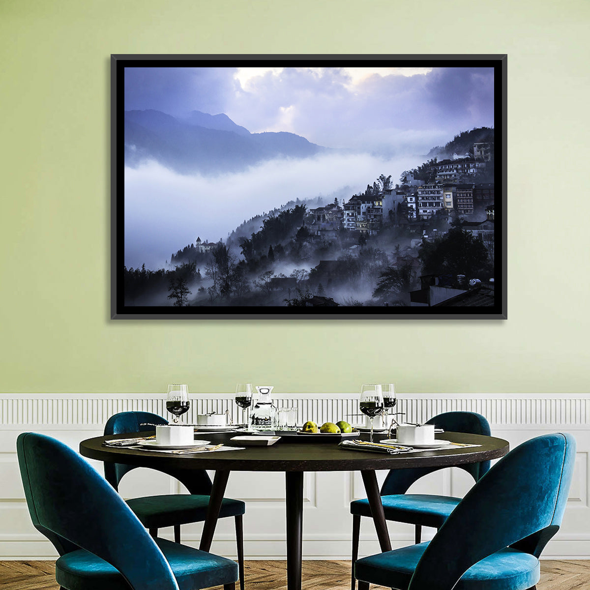 Misty Hillside Town Wall Art in a room, landscape