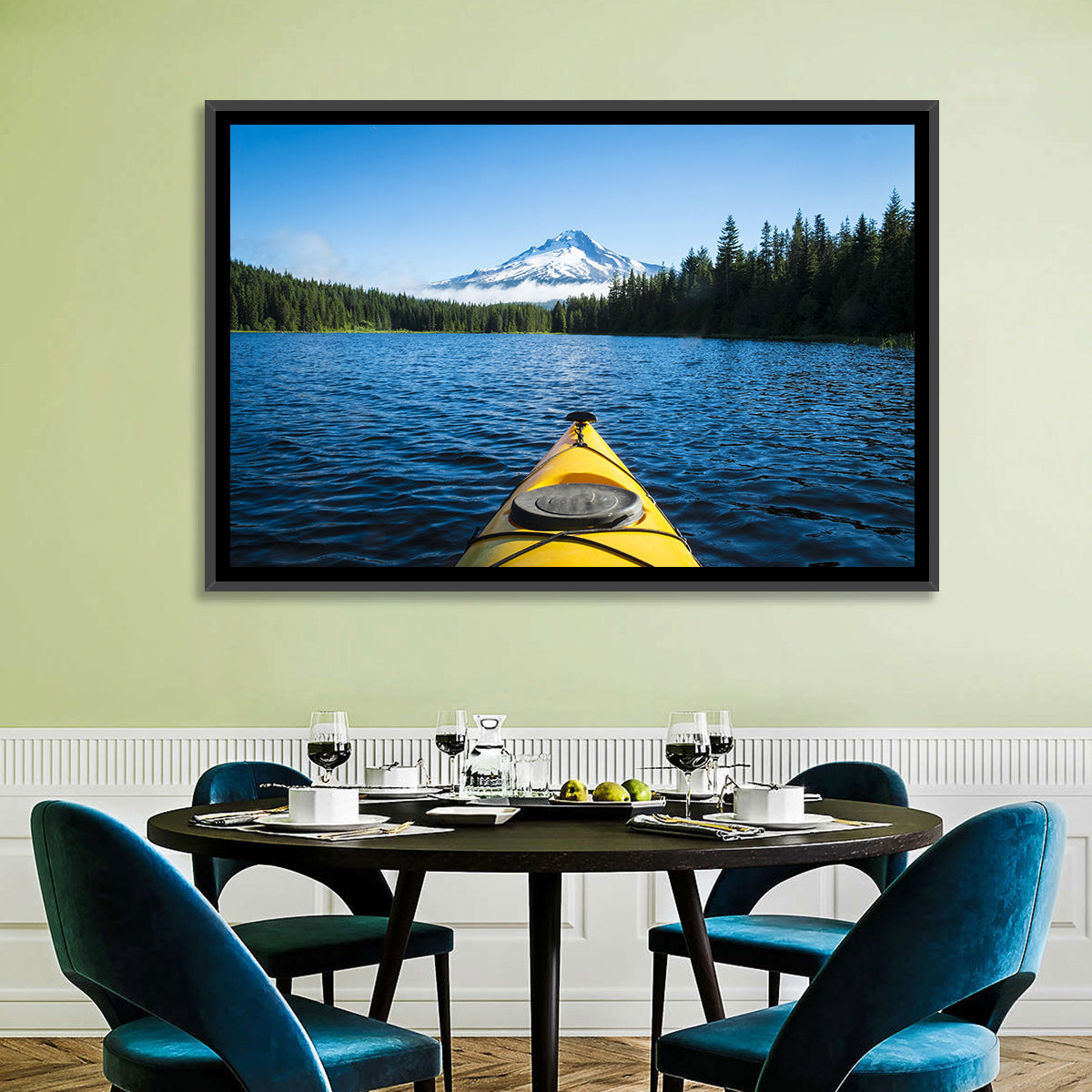 Yellow Kayak at Trillium Lake Wall Art in a room, landscape