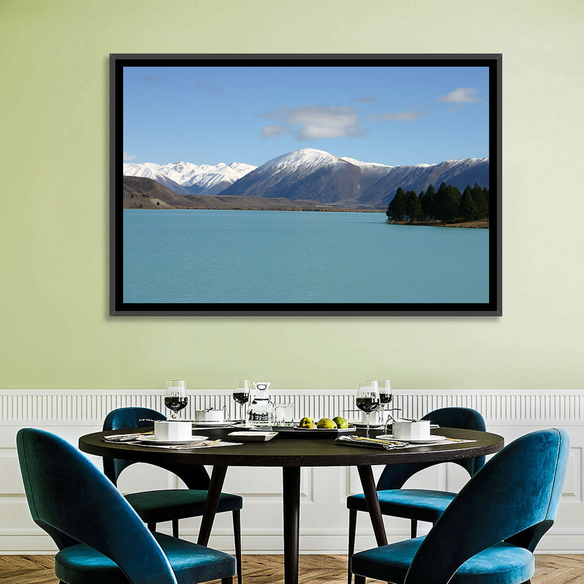Turquoise Lake Pukaki Wall Art in a room, landscape