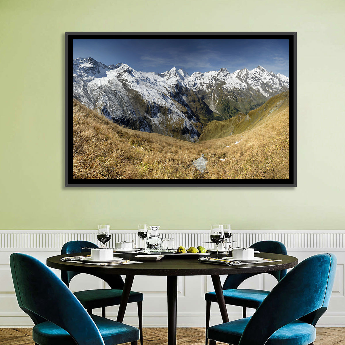 Crisp Alpine Valley with Snow-capped Peaks Wall Art in a room, landscape