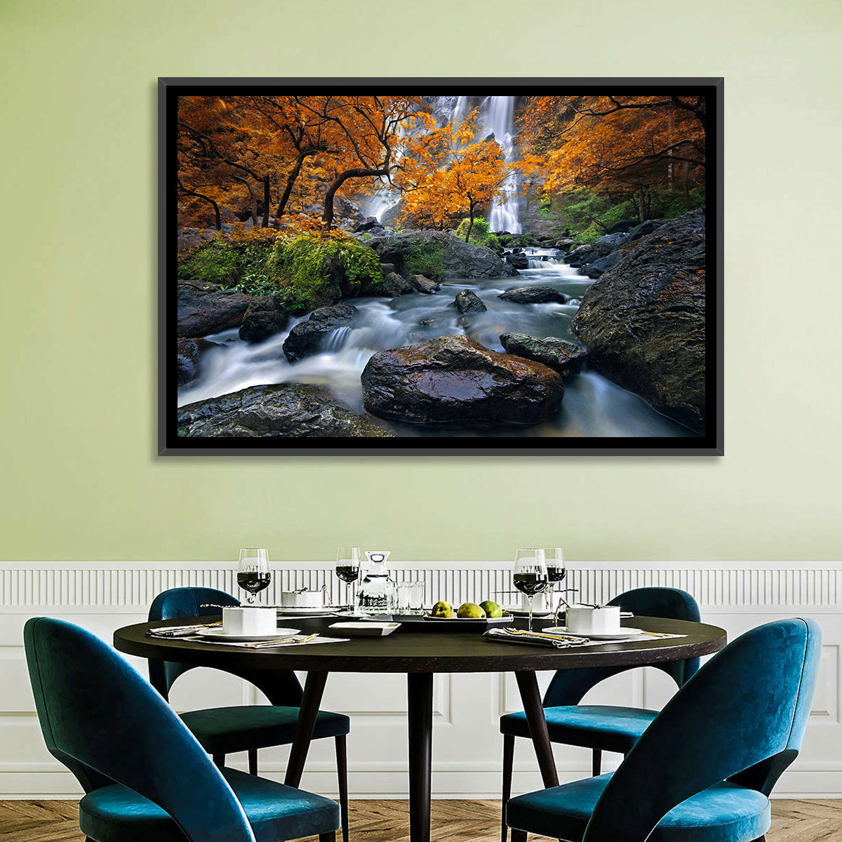 Konglan Autumn Waterfall Wall Art in a room, landscape