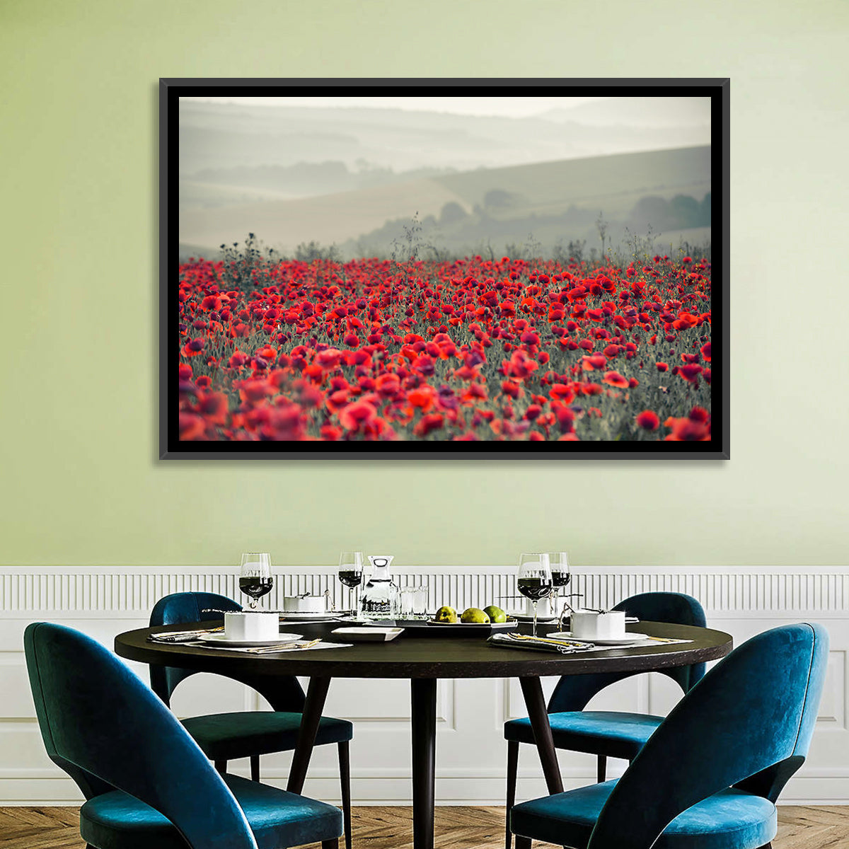 Red Poppy Field Wall Art in a room, landscape