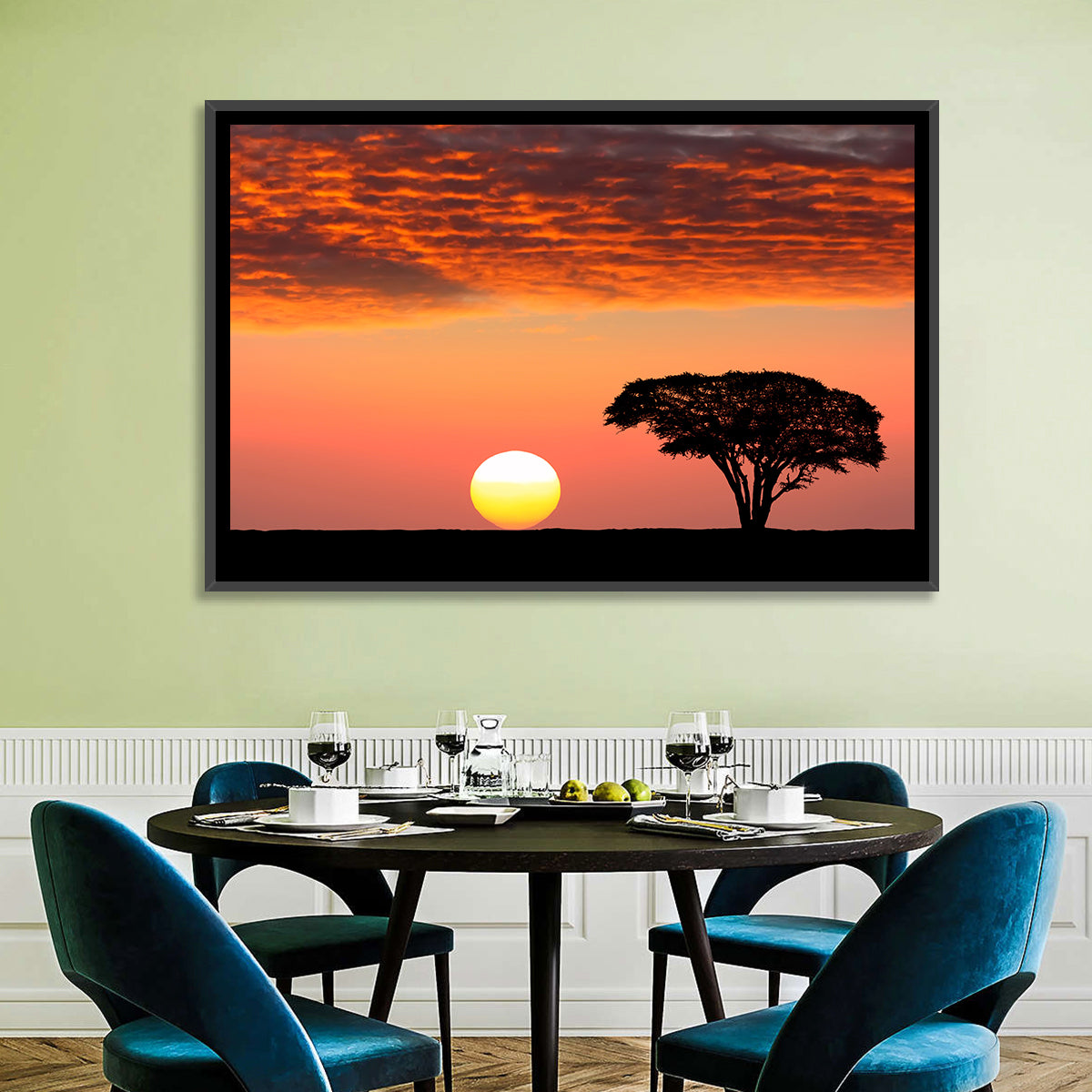 Serengeti Sunset Silhouette Wall Art in a room, landscape