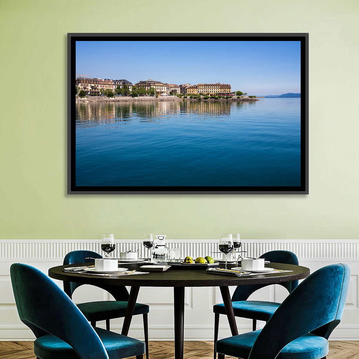 Tranquil Lake Neuchatel Wall Art in a room, landscape