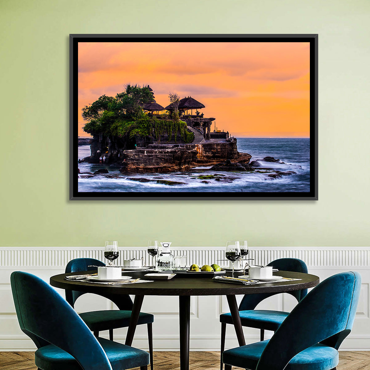 Tanah Lot Temple at Sunset Wall Art in a room, landscape