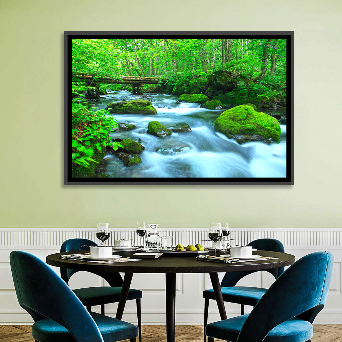 Mossy Forest Stream Wall Art in a room, landscape