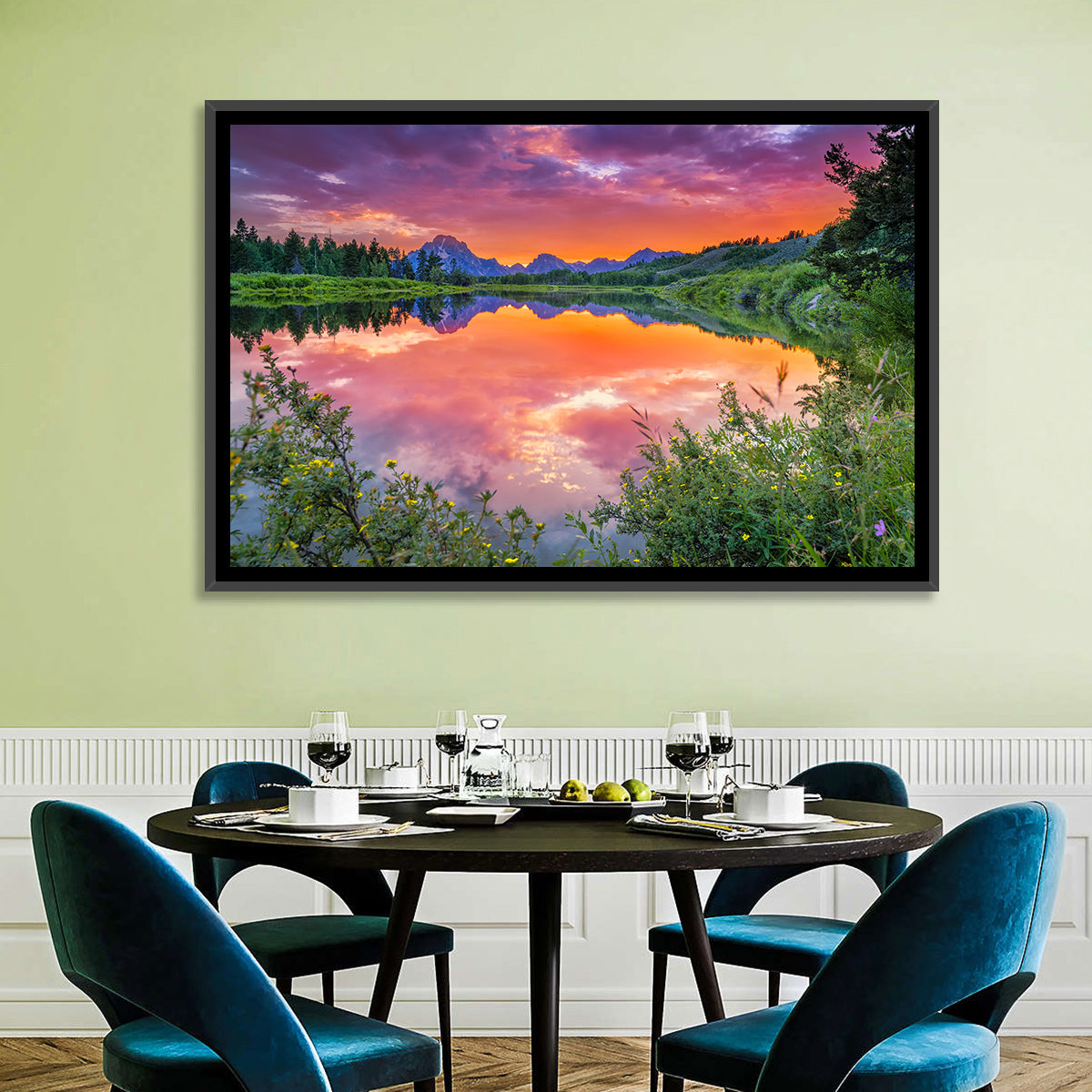 Oxbow Bend Sunset Wall Art in a room, landscape