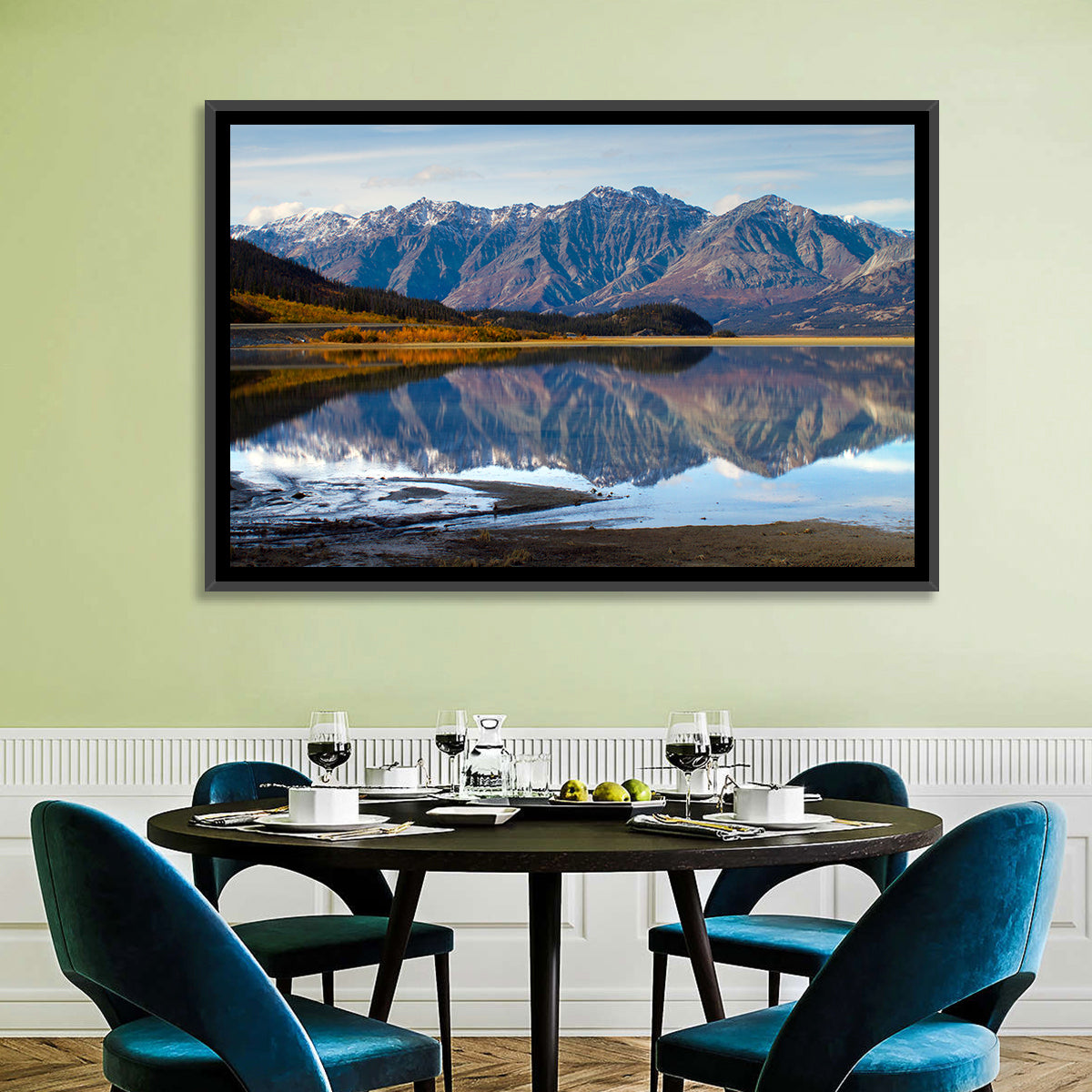 Kluane Lake Autumn Reflection Wall Art in a room, landscape