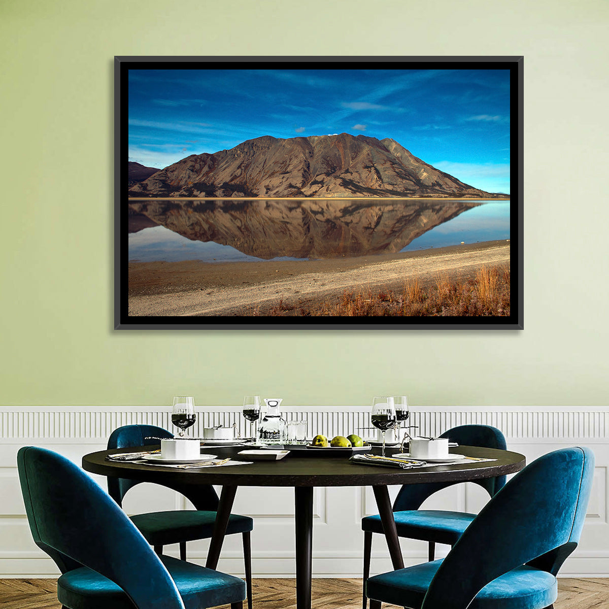 Rocky Peak Reflection, Kluane Lake Wall Art in a room, landscape
