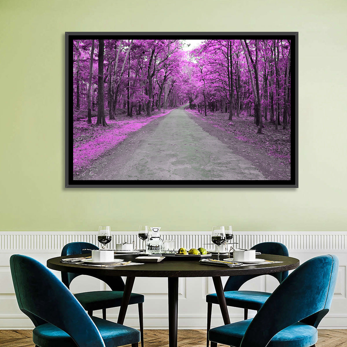 Magenta Autumn Forest Road Wall Art in a room, landscape