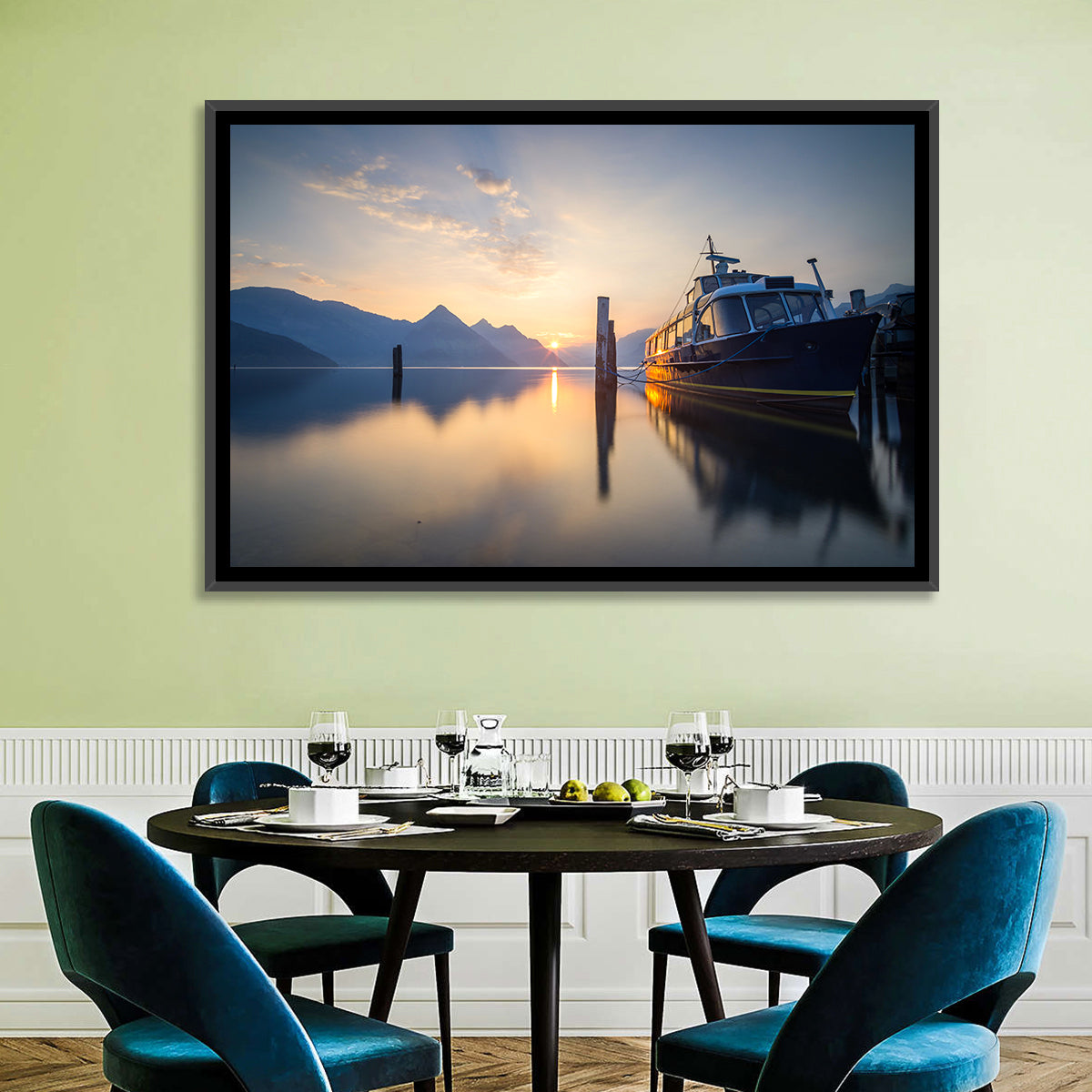 Lake Lucerne Sunset Wall Art in a room, landscape