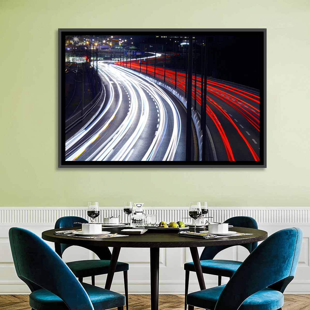 Night Highway Light Trails Wall Art in a room, landscape