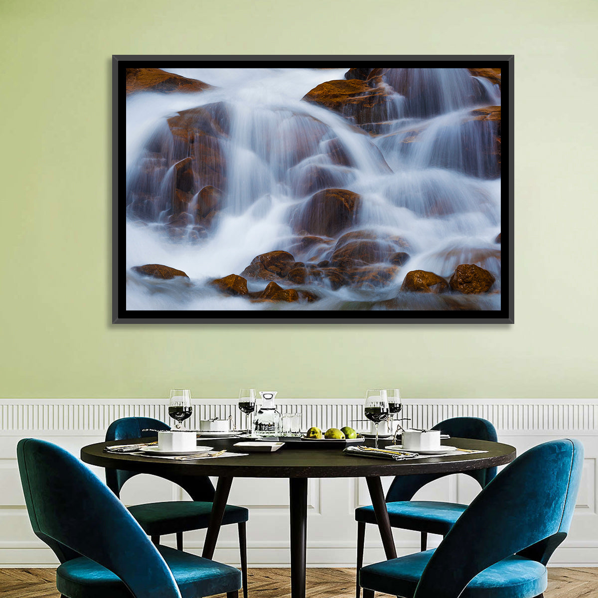Rocky Mountain Waterfall Wall Art in a room, landscape