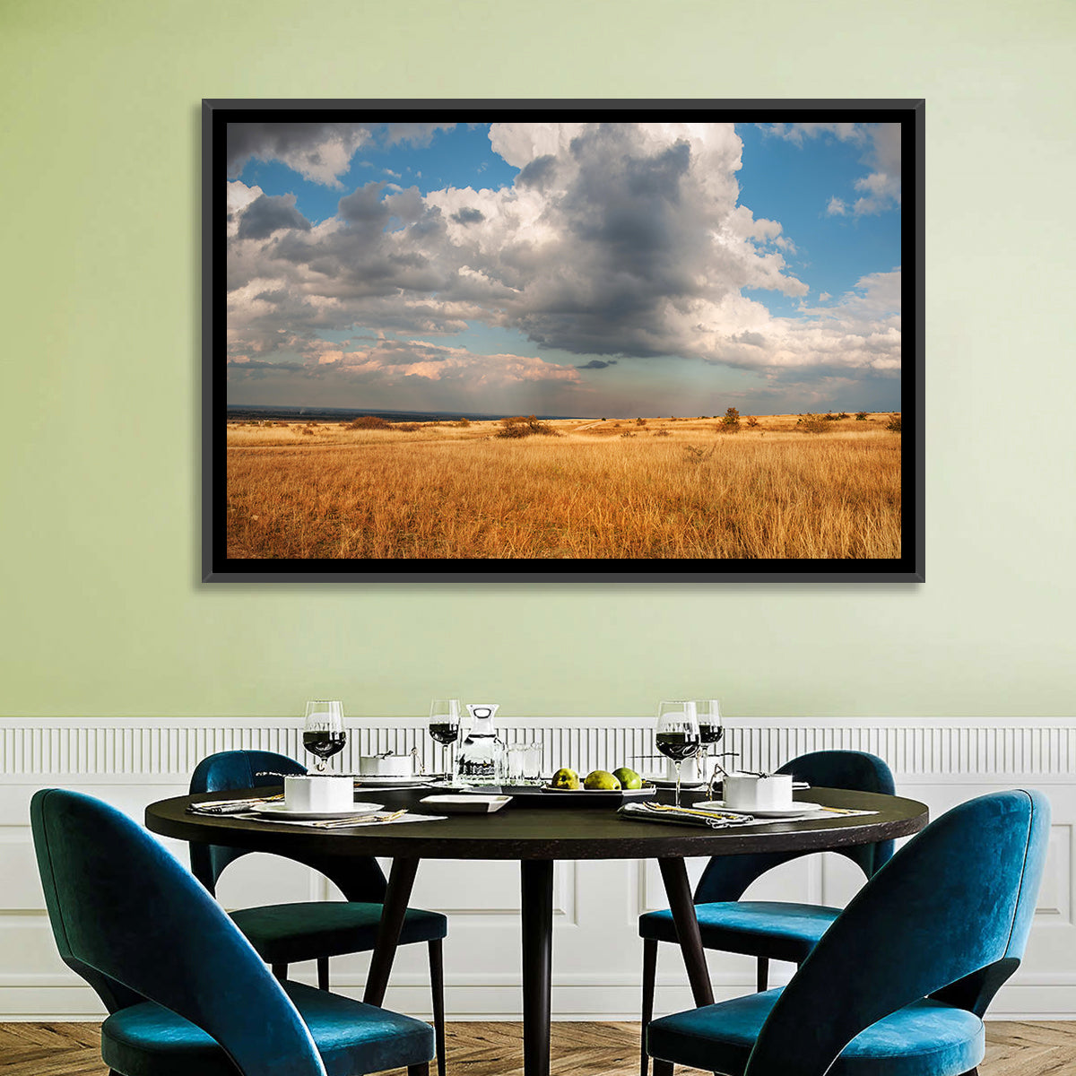 Golden Oklahoma Prairie Wall Art in a room, landscape