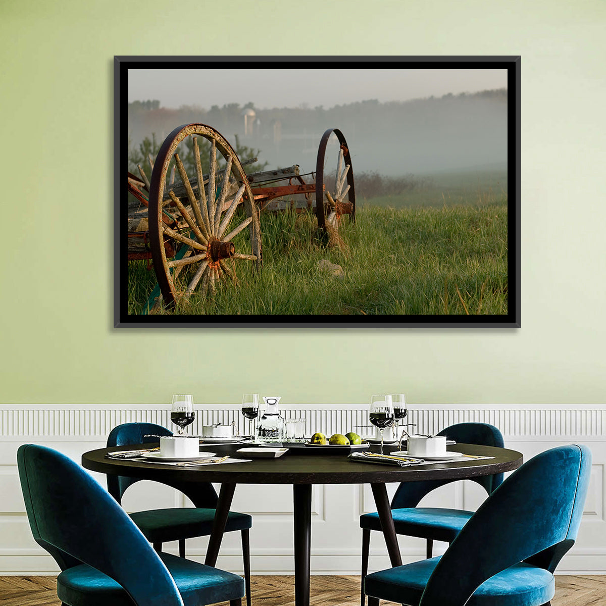 Weathered Wagon in Morning Mist Wall Art in a room, landscape