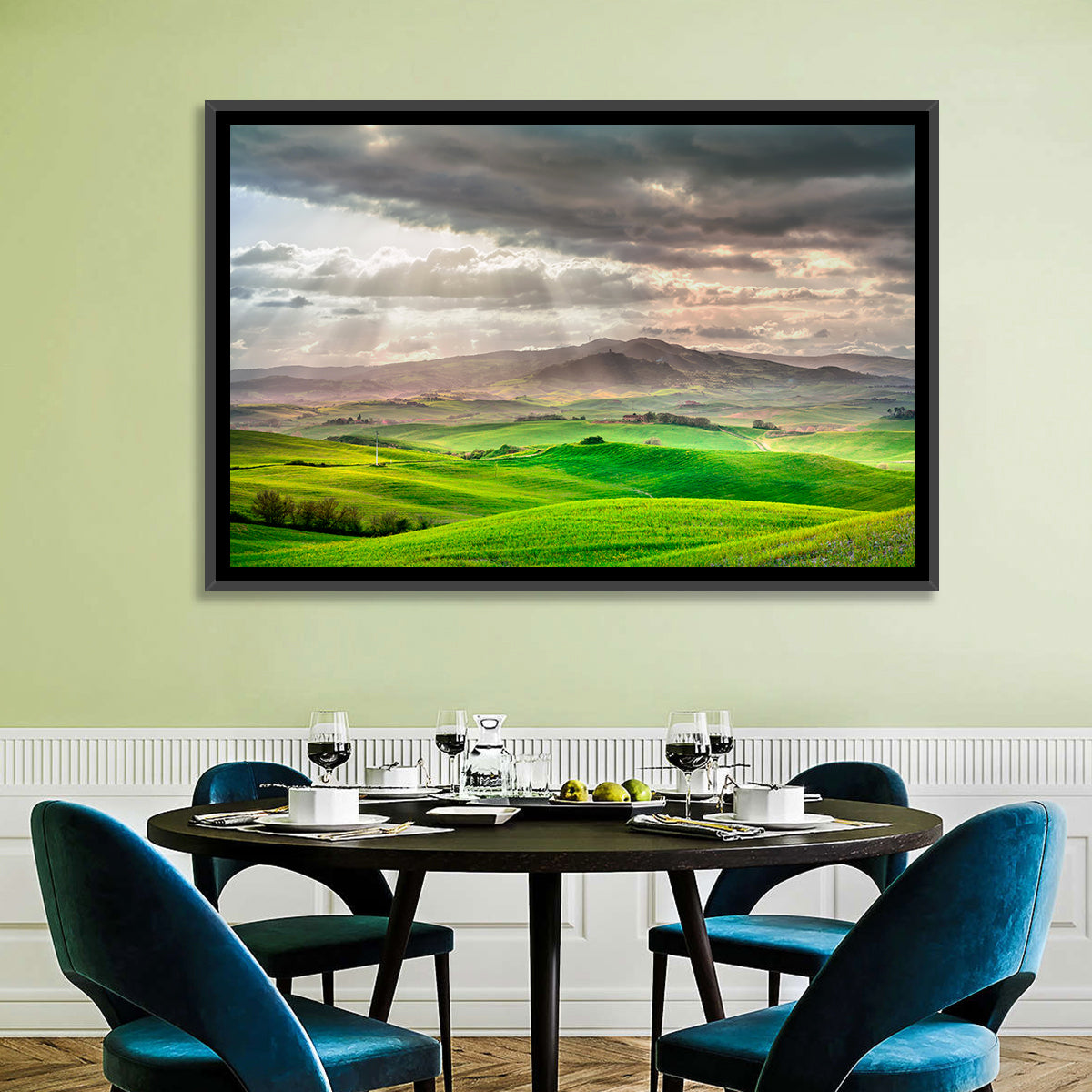 Tuscan Sunlit Hills Wall Art in a room, landscape