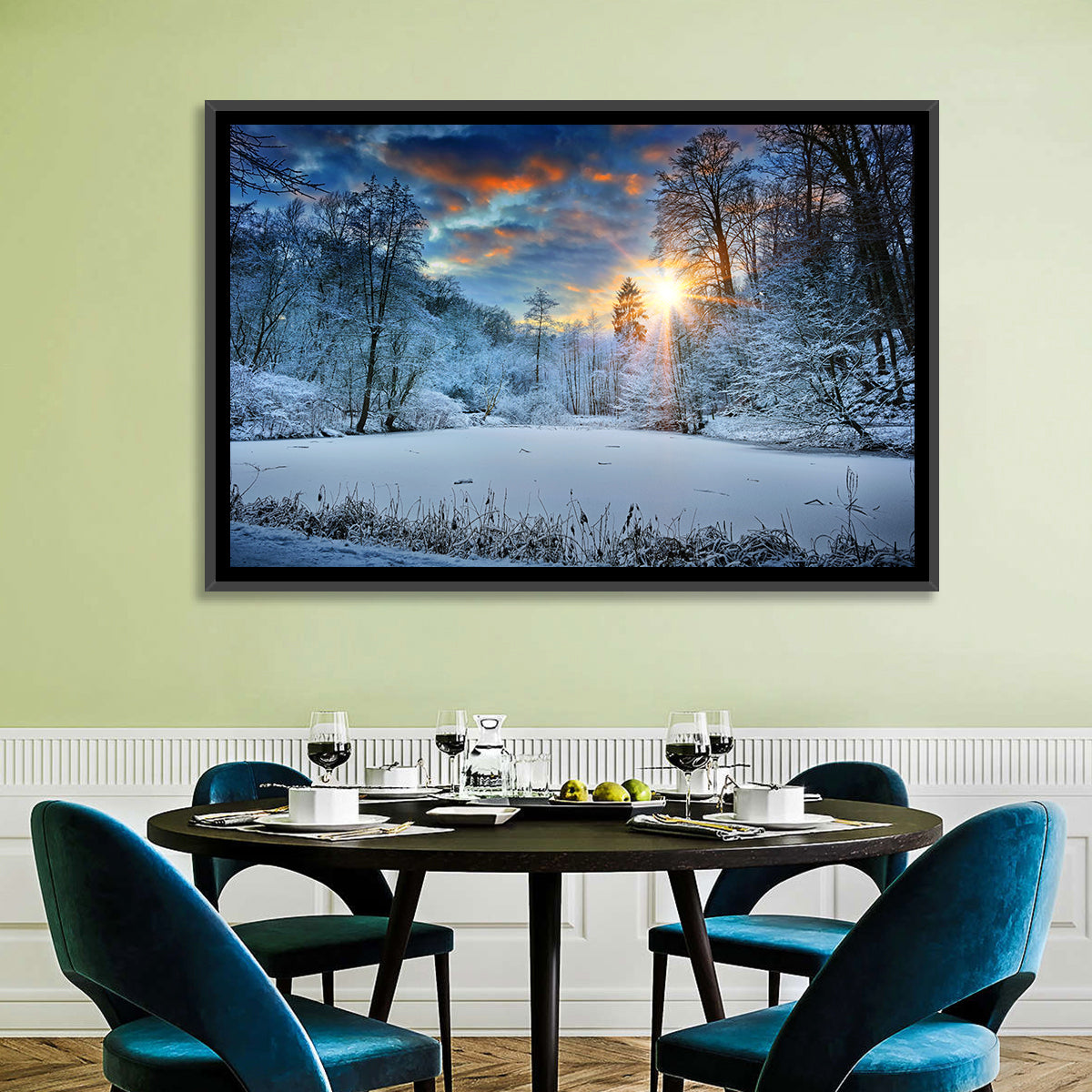 Frozen Forest Lake Wall Art in a room, landscape