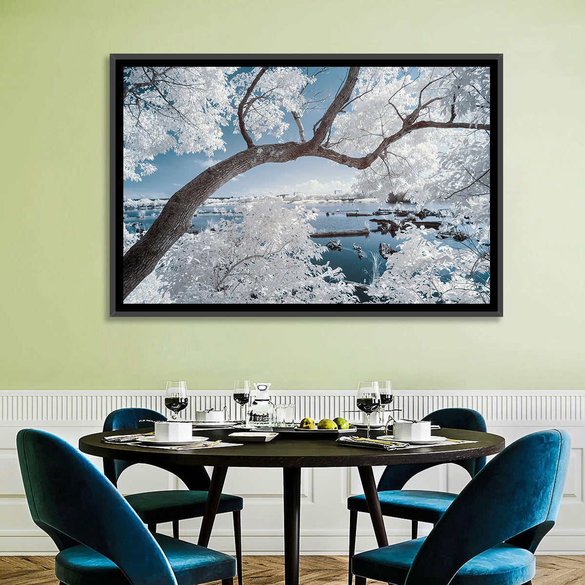 Curving Winter Tree Over Lake Wall Art in a room, landscape