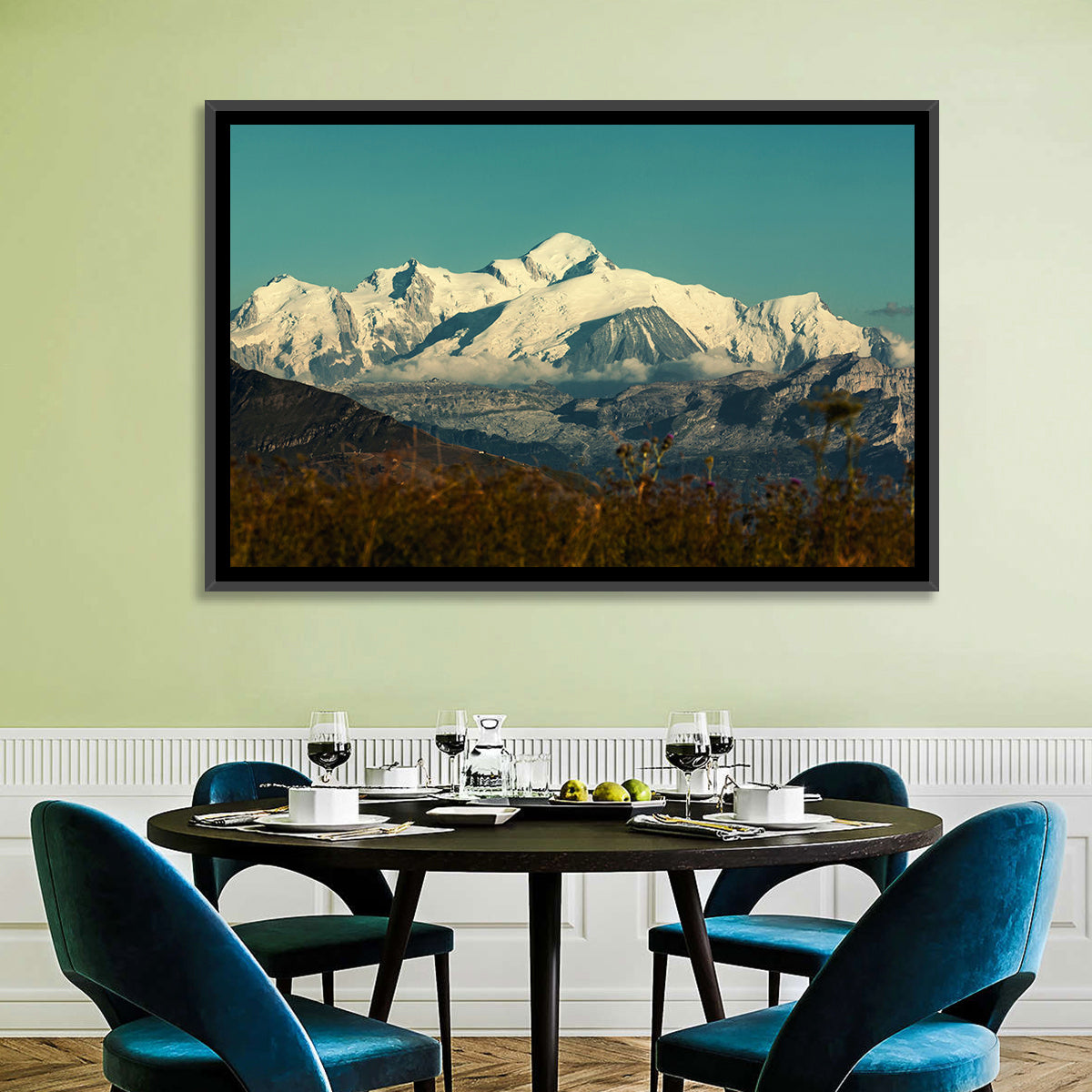 Snowy Mont Blanc Wall Art in a room, landscape