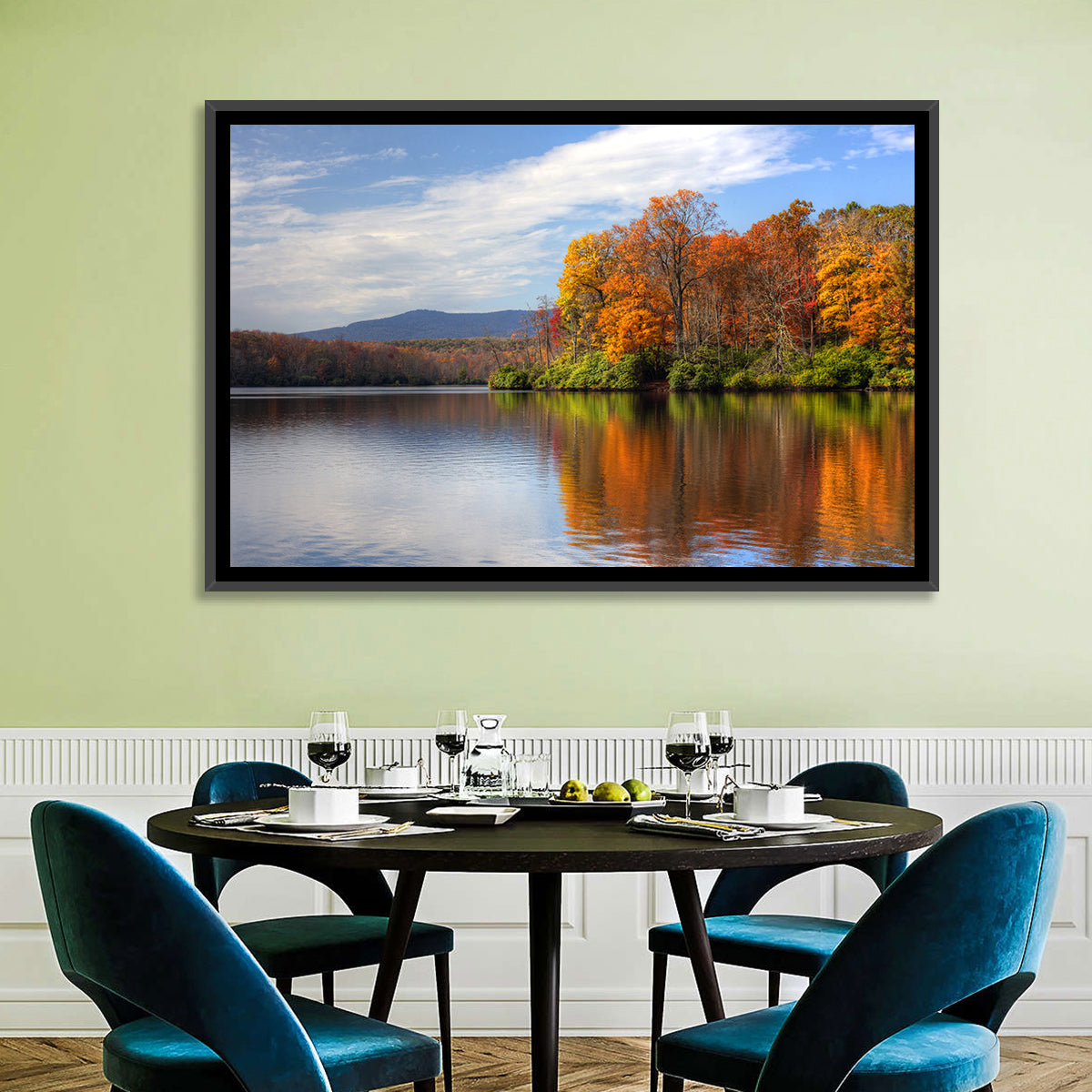 Autumn Lake with Mountain Reflection Wall Art in a room, landscape
