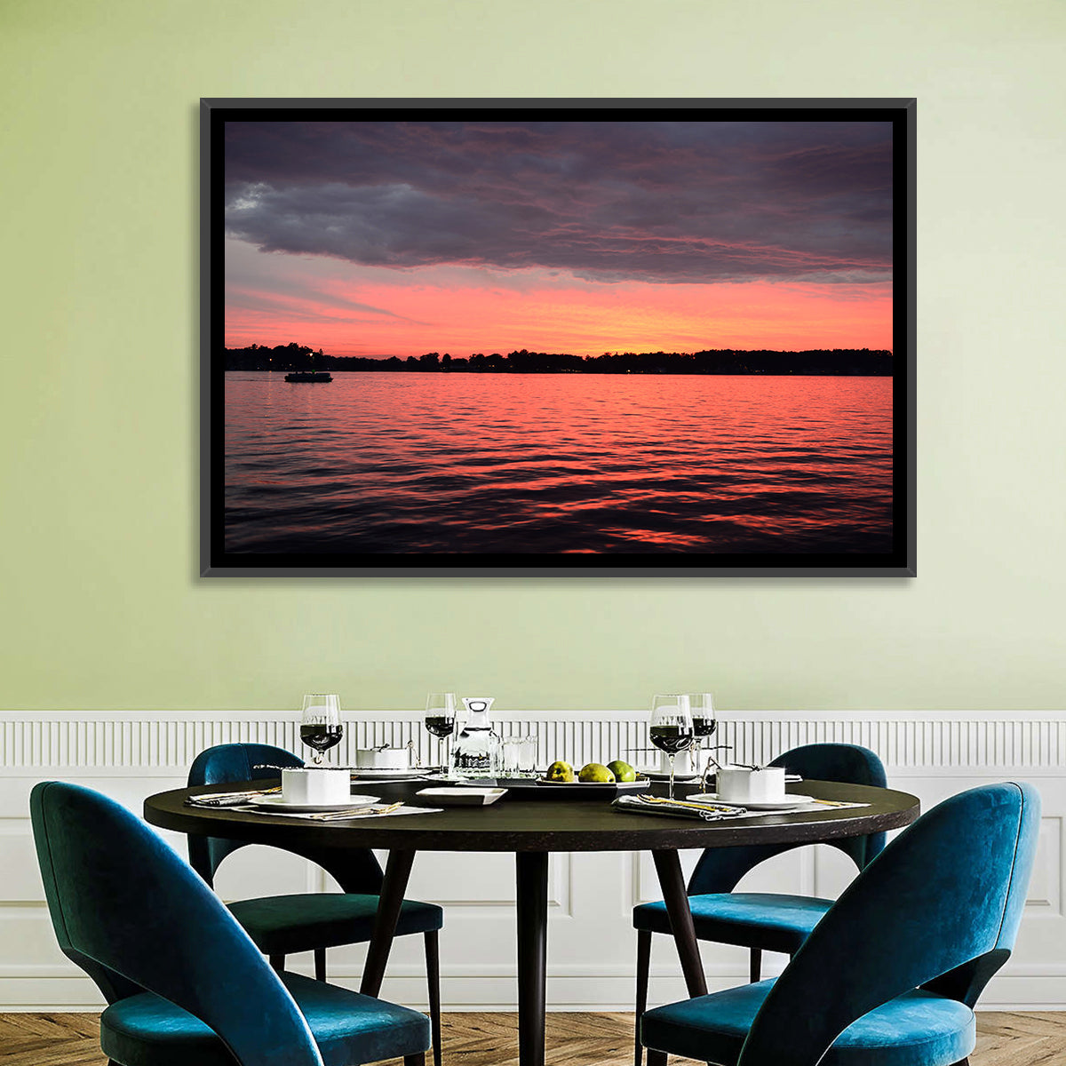 Lake James Sunset with Boat Wall Art in a room, landscape
