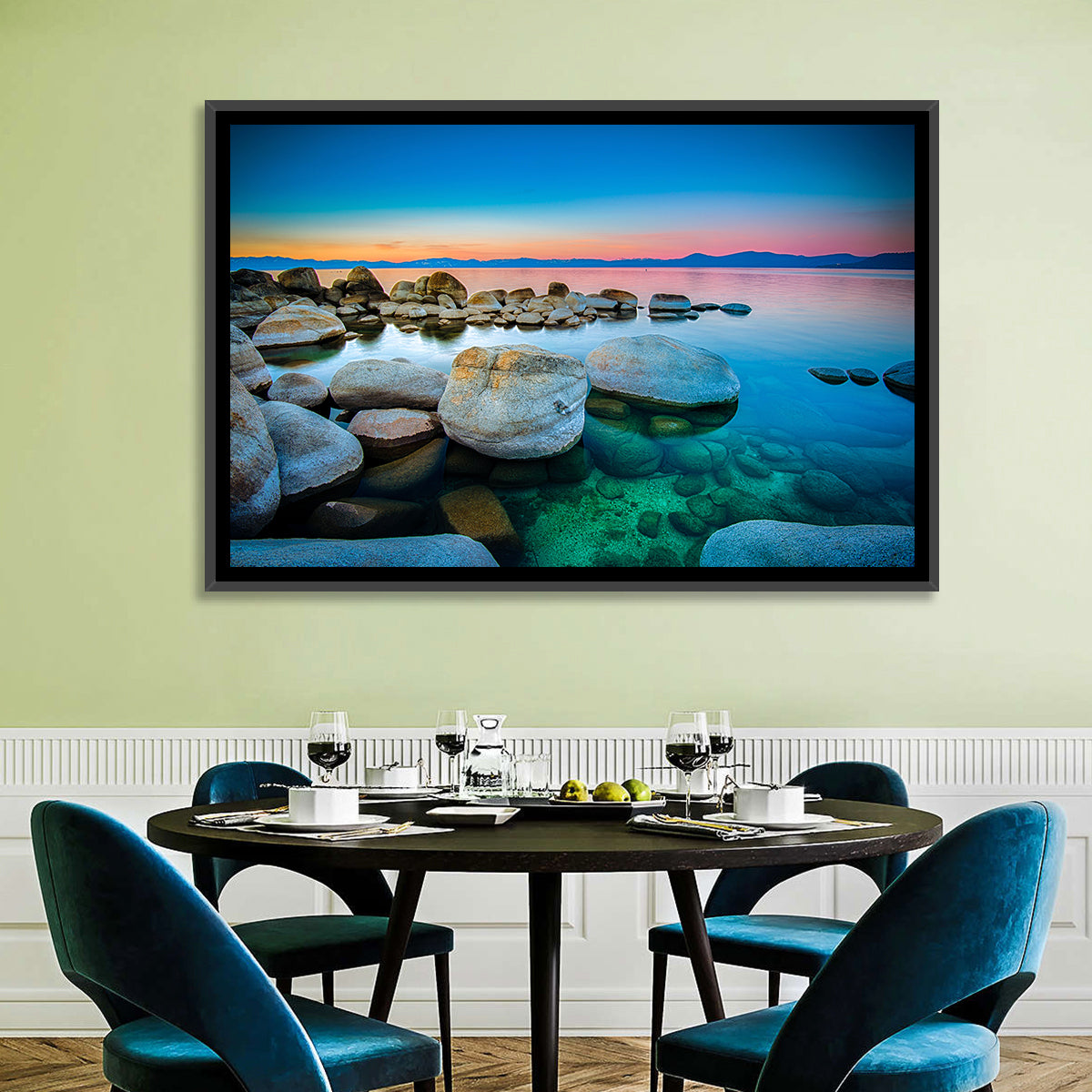 Lake Tahoe Sunset Boulders Wall Art in a room, landscape