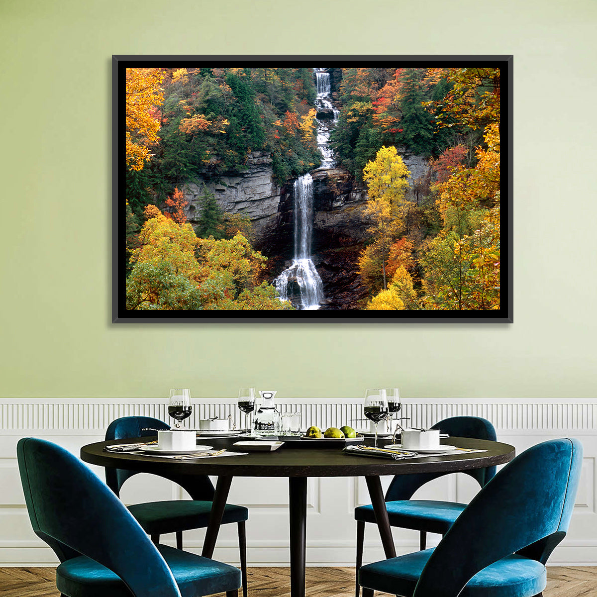 Raven Cliff Waterfall Wall Art in a room, landscape
