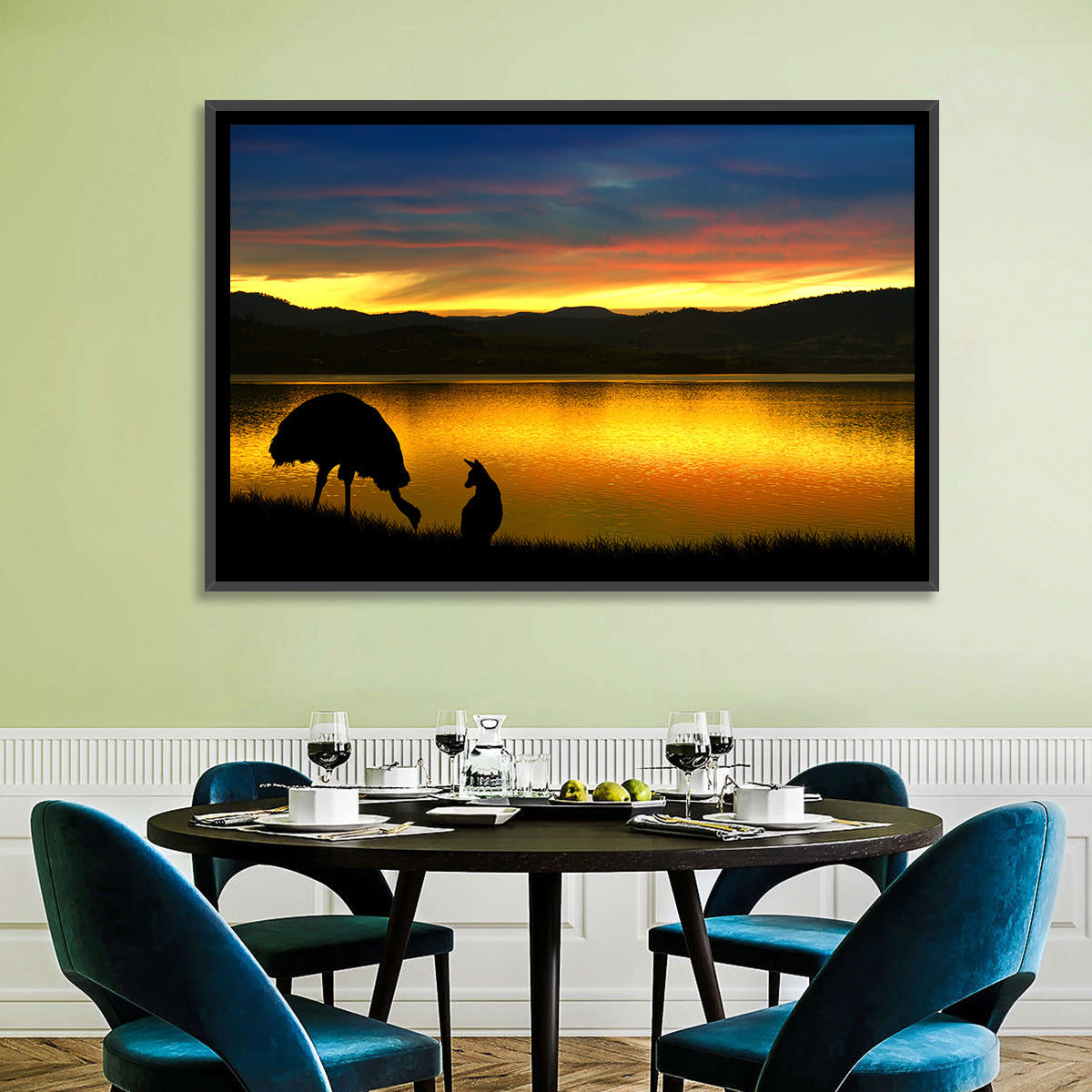 Kangaroo and Emu at Lake Sunset Wall Art in a room, landscape