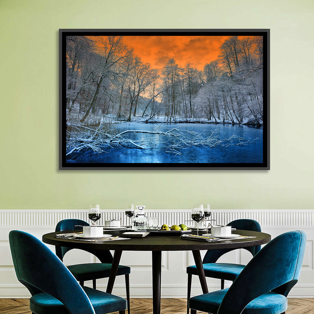 Sunset Over Winter Forest Lake Wall Art