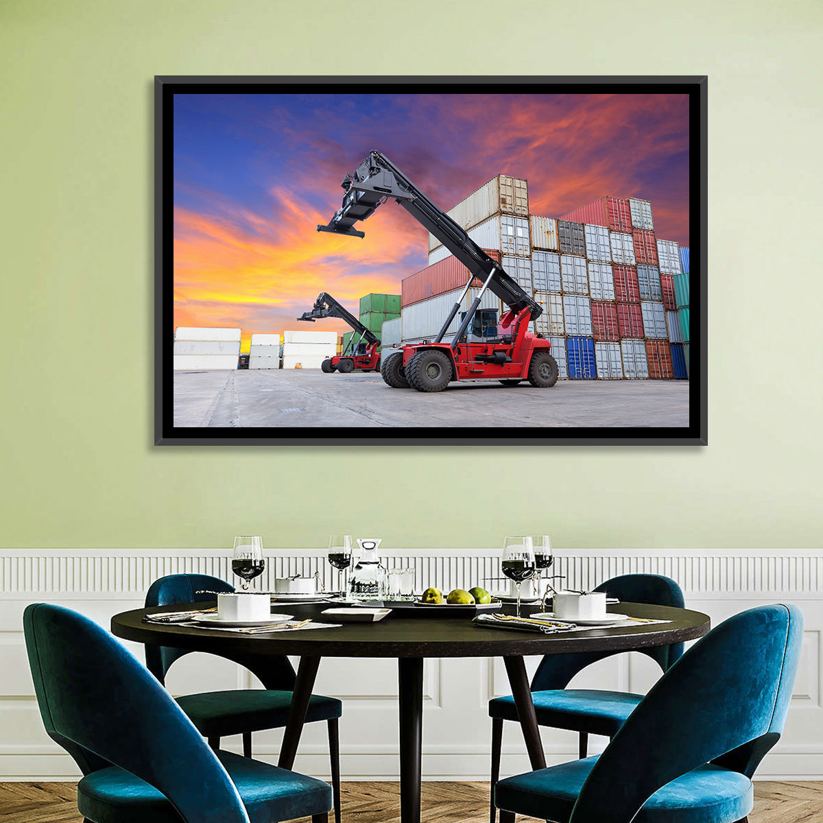 Red Reach Stackers at Sunset Wall Art in a room, landscape