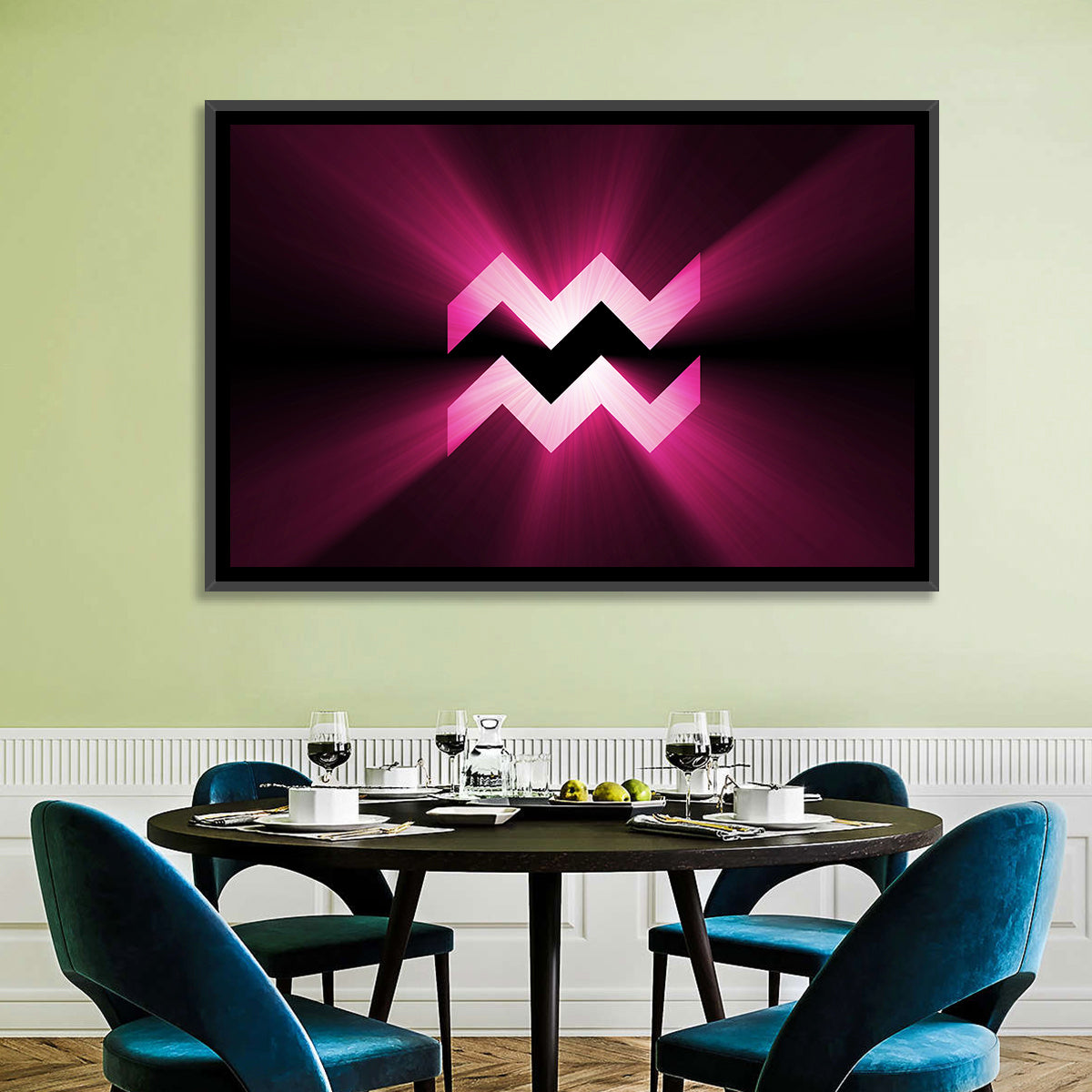Magenta Aquarius Symbol Wall Art in a room, landscape
