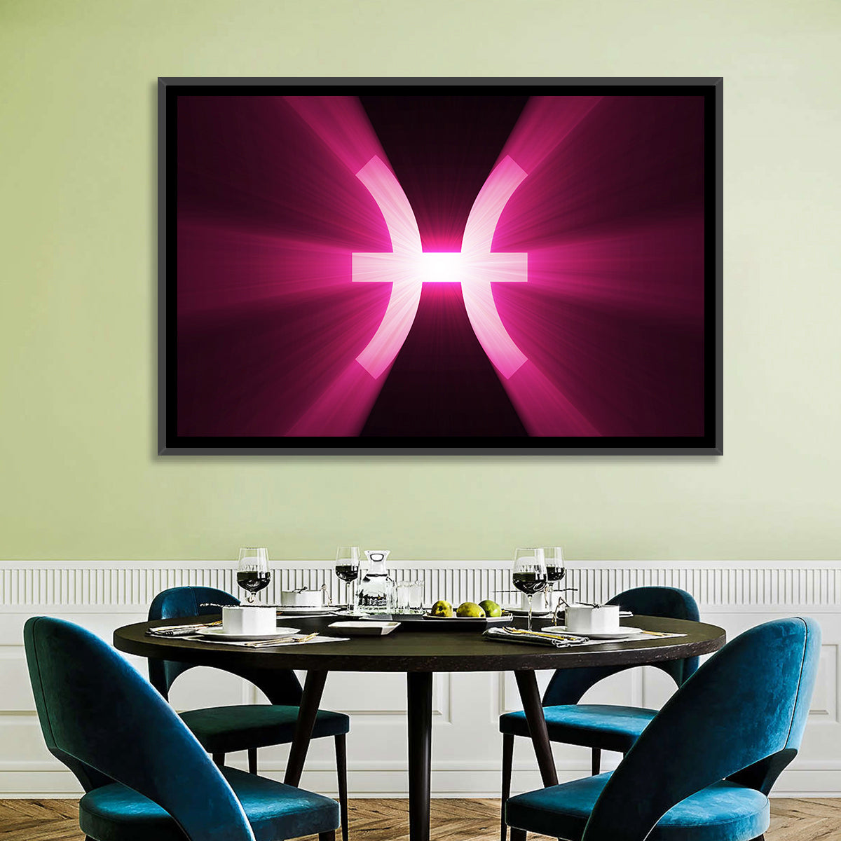 Magenta Pisces Symbol Wall Art in a room, landscape
