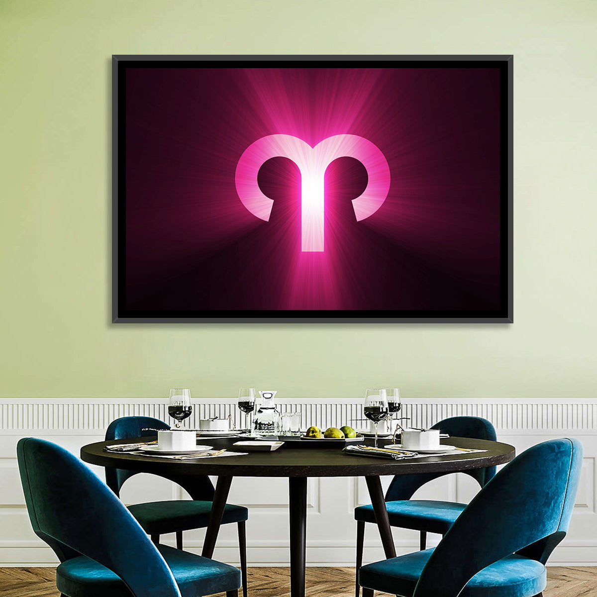 Radiant Aries Zodiac Emblem Wall Art in a room, landscape
