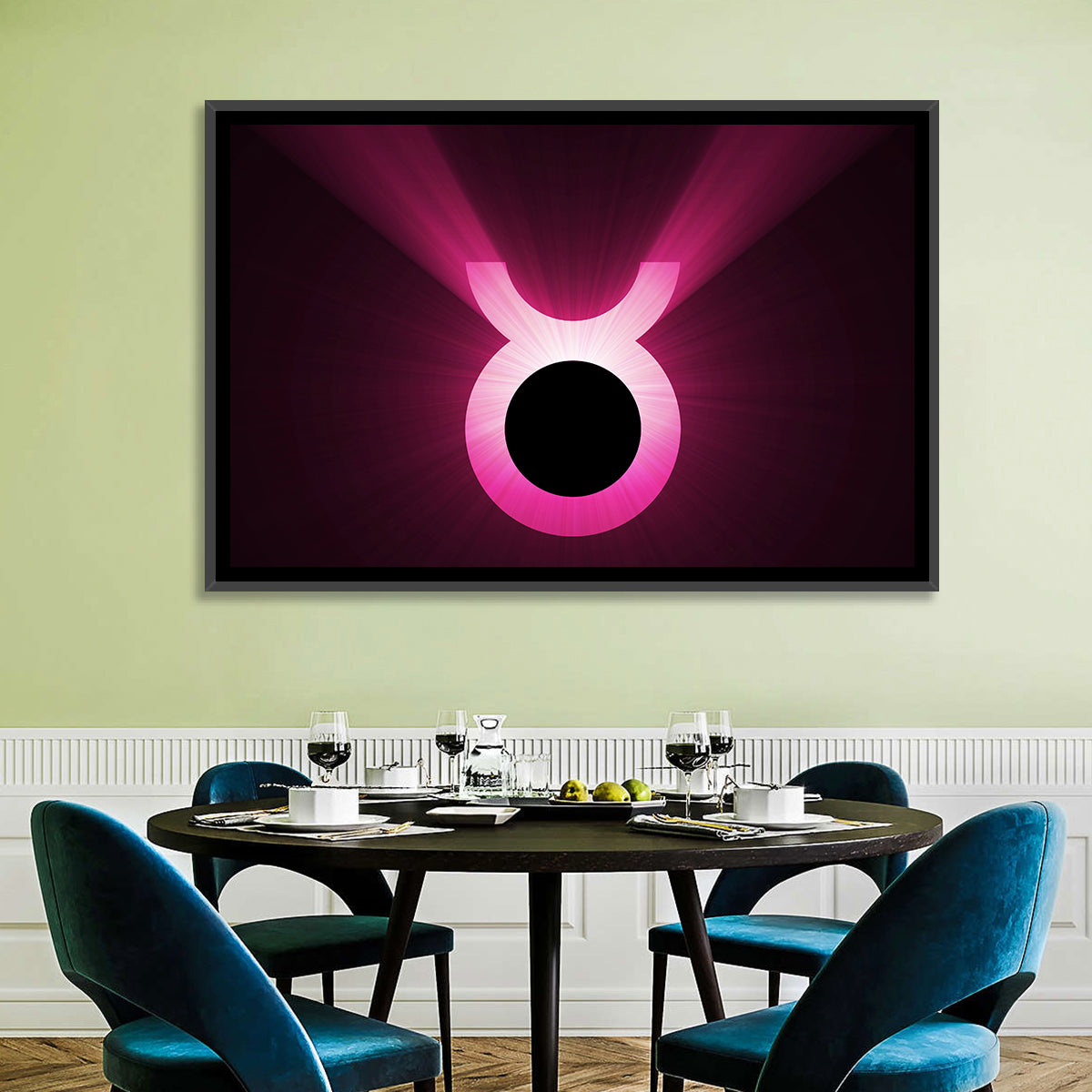 Glowing Pink Taurus Symbol Wall Art in a room, landscape