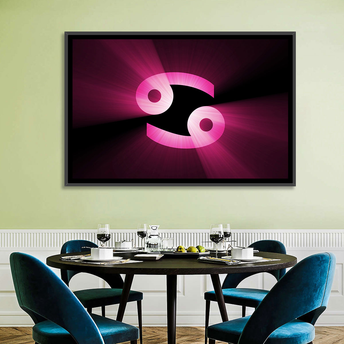 Glowing Pink Cancer Symbol Wall Art in a room, landscape