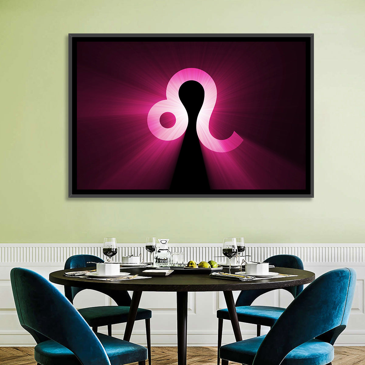 Glowing Magenta Leo Symbol Wall Art in a room, landscape